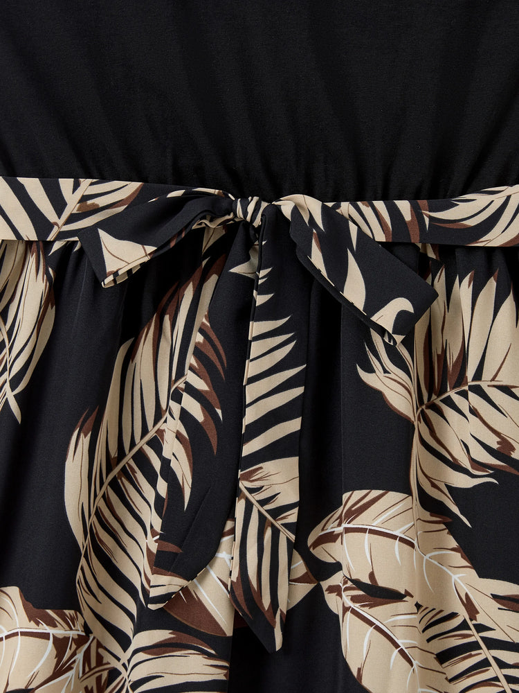 Ensembles assortis pour toute la famille : robes à imprimé floral avec ceinture et hauts à manches courtes unis noirs