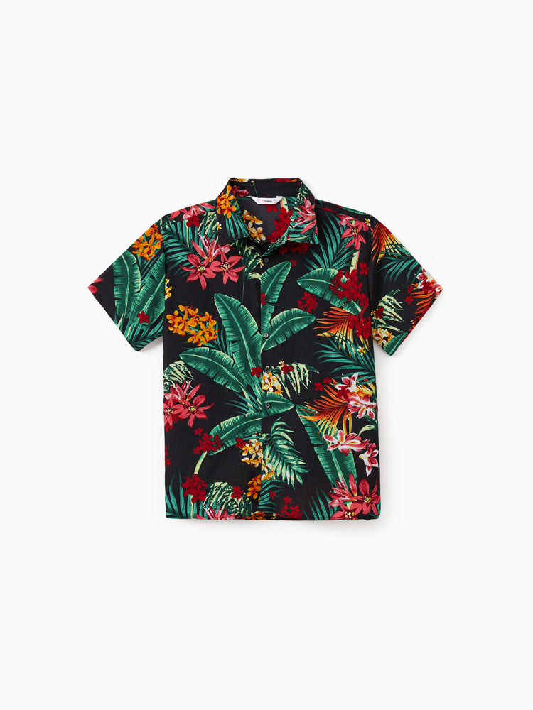 Daddy and Me Family Matching Allover Plant Floral Print Halterneck Dresses and Short-sleeve Shirts Sets Black