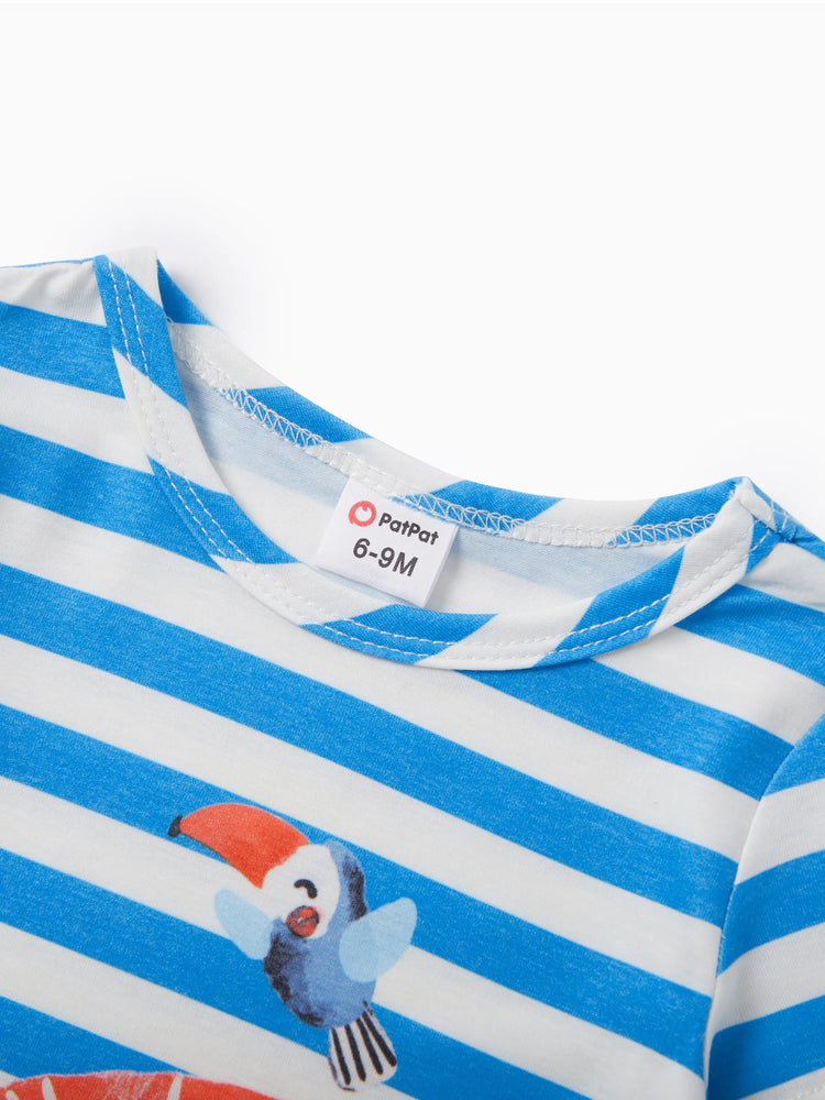 Barboteuse à manches courtes et rayures bleues pour bébé garçon, motif lion