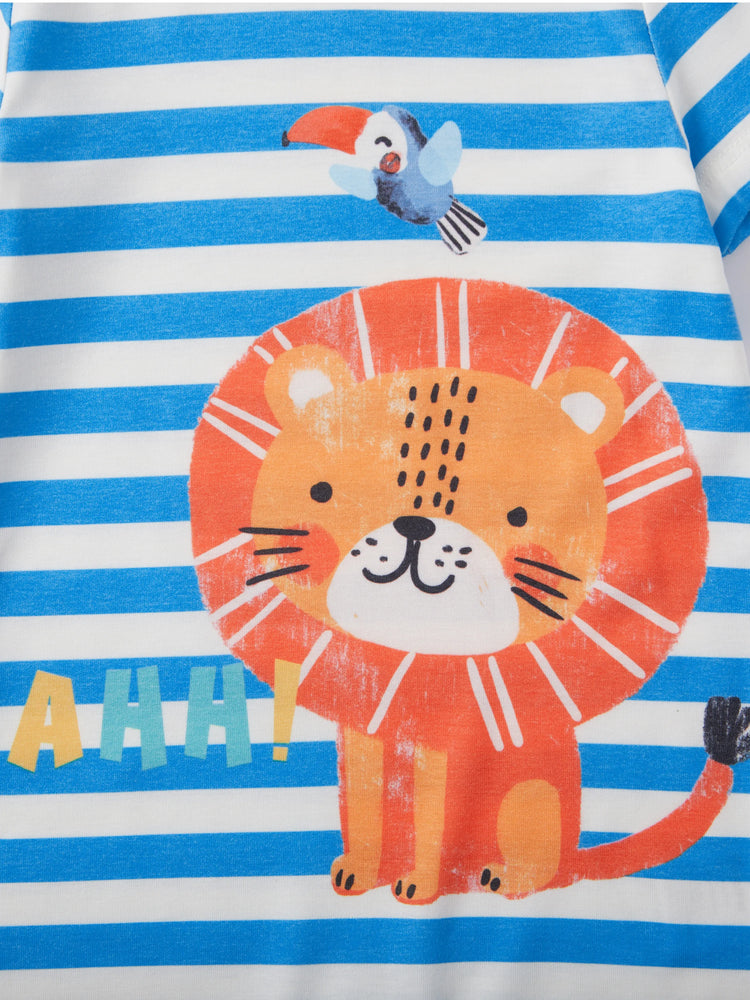 Barboteuse à manches courtes et rayures bleues pour bébé garçon, motif lion