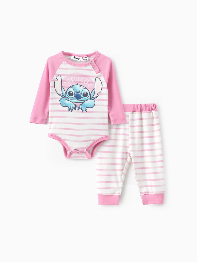 Disney Stitch Baby Girl 2pcs Naia? Character Striped Print Long-sleeve Romper with Pants Set Pink