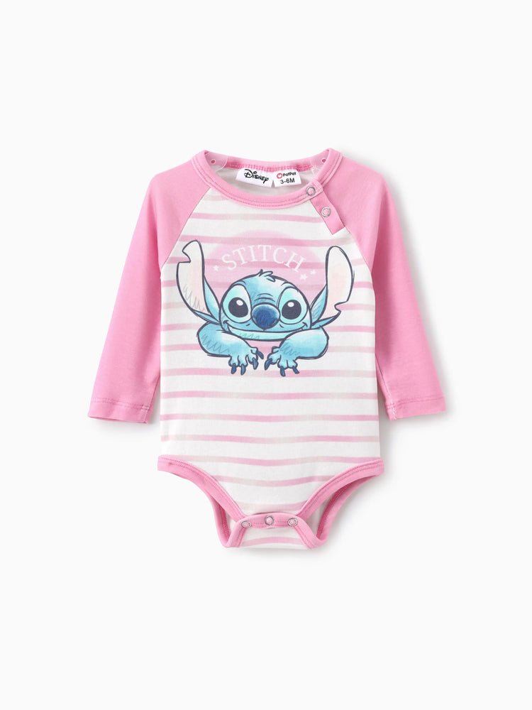Disney Stitch Baby Girl 2pcs Naia? Character Striped Print Long-sleeve Romper with Pants Set Pink