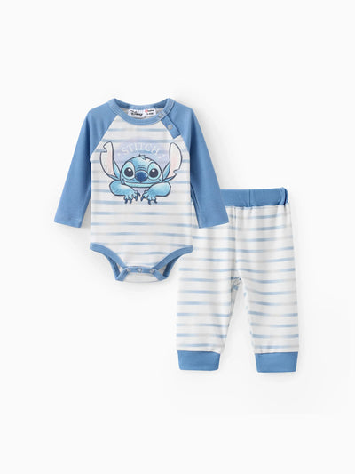 Disney Stitch Baby Boy 2pcs Naia? Striped Print Romper with Pants Set Blue