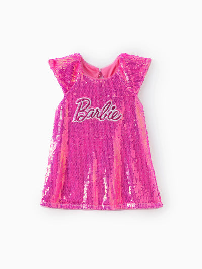 Barbie Kleinkind/Kind Mädchen 1pc Klassisches Barbie Buchstabendruck Pailletten Flatterärmel Kleid roseo
