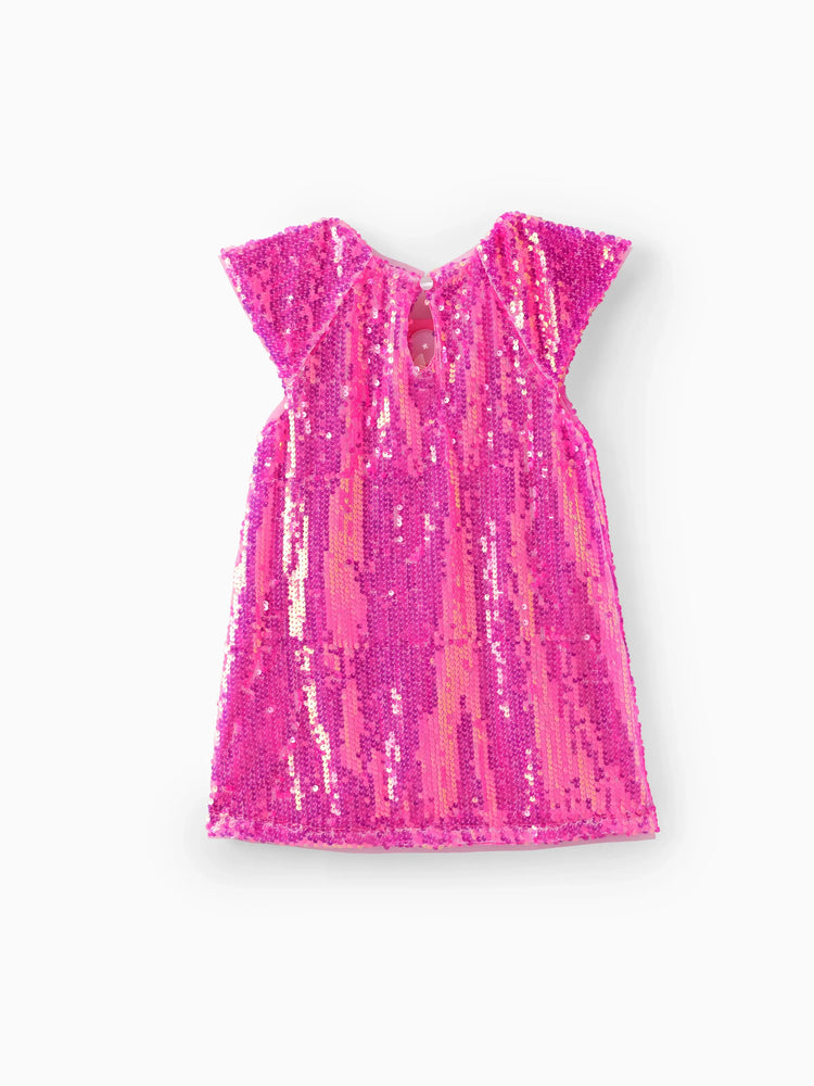 Barbie Toddler/Kid Girl Classic Barbie Letter Print Sequins Flutter-sleeve Dress Roseo