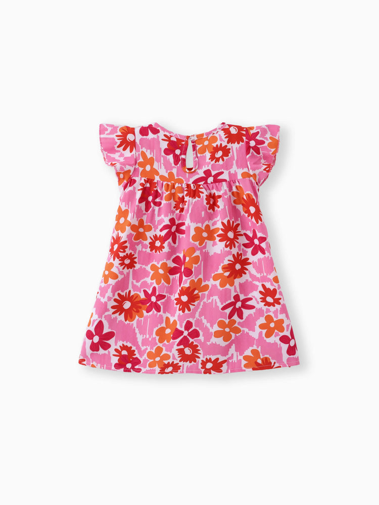 100% Cotton Baby Girl All Over Floral Print Flutter-sleeve Loose-fit Dress Rosy pink