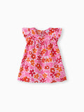 100% Cotton Baby Girl All Over Floral Print Flutter-sleeve Loose-fit Dress Rosy pink