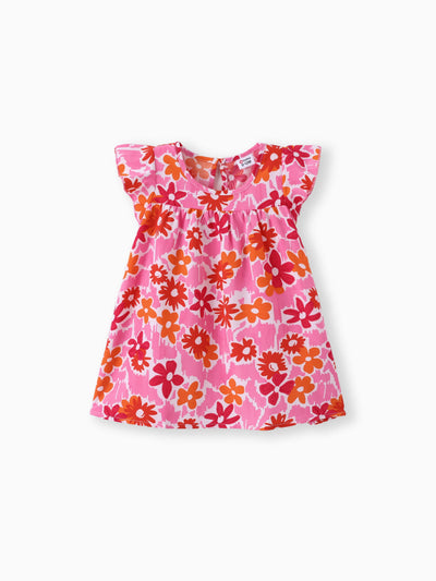 100% Cotton Baby Girl All Over Floral Print Flutter-sleeve Loose-fit Dress Rosy pink