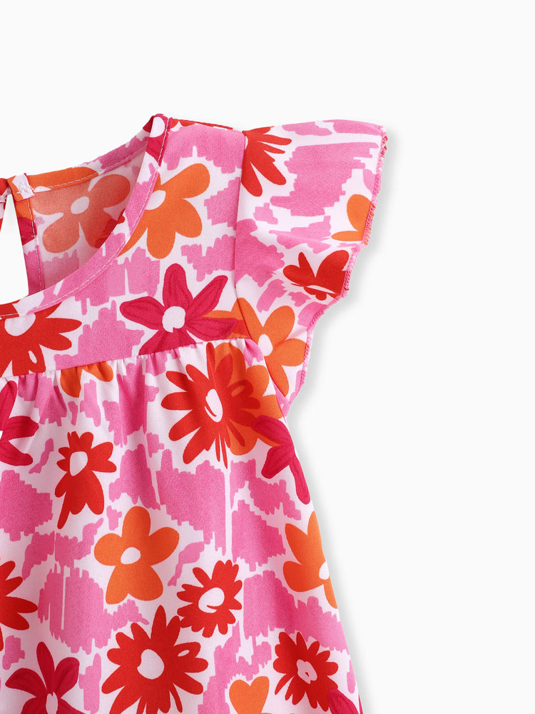 100% Cotton Baby Girl All Over Floral Print Flutter-sleeve Loose-fit Dress Rosy pink
