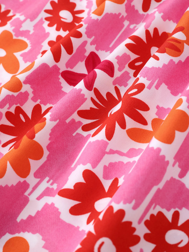 100% Cotton Baby Girl All Over Floral Print Flutter-sleeve Loose-fit Dress Rosy pink