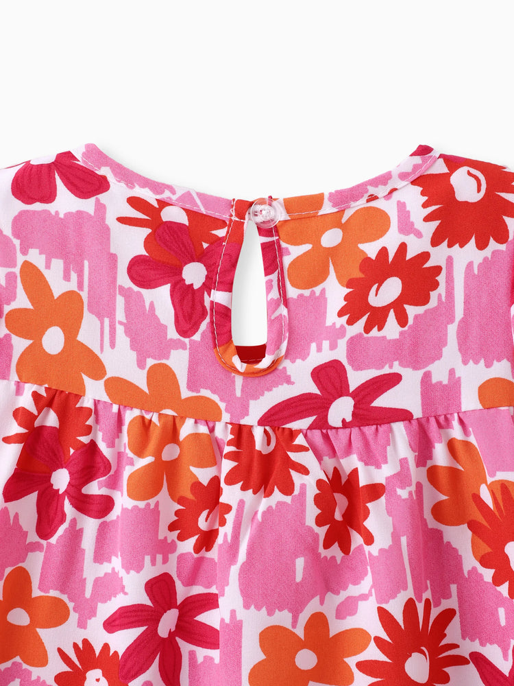 100% Cotton Baby Girl All Over Floral Print Flutter-sleeve Loose-fit Dress Rosy pink