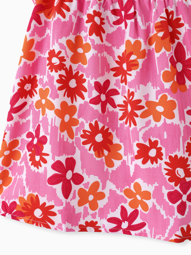 100% Cotton Baby Girl All Over Floral Print Flutter-sleeve Loose-fit Dress Rosy pink