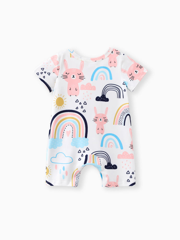 Barboteuse à manches courtes et imprimé lapin pour bébé fille, couleur unie
