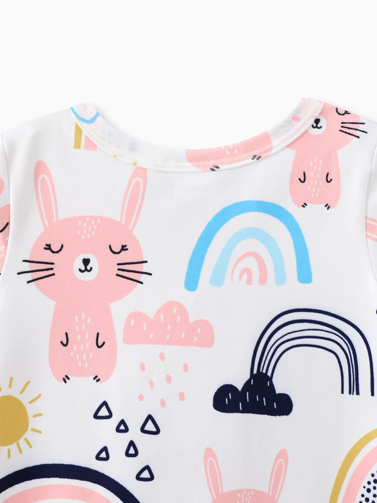 Barboteuse à manches courtes et imprimé lapin pour bébé fille, couleur unie