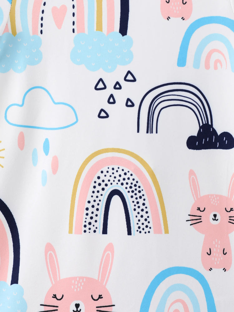 Barboteuse à manches courtes et imprimé lapin pour bébé fille, couleur unie