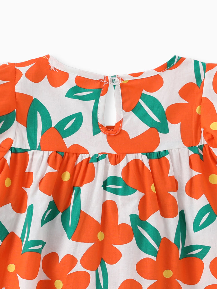 100% Cotton Baby Girl All Over Floral Print Flutter-sleeve Loose-fit Dress Orange