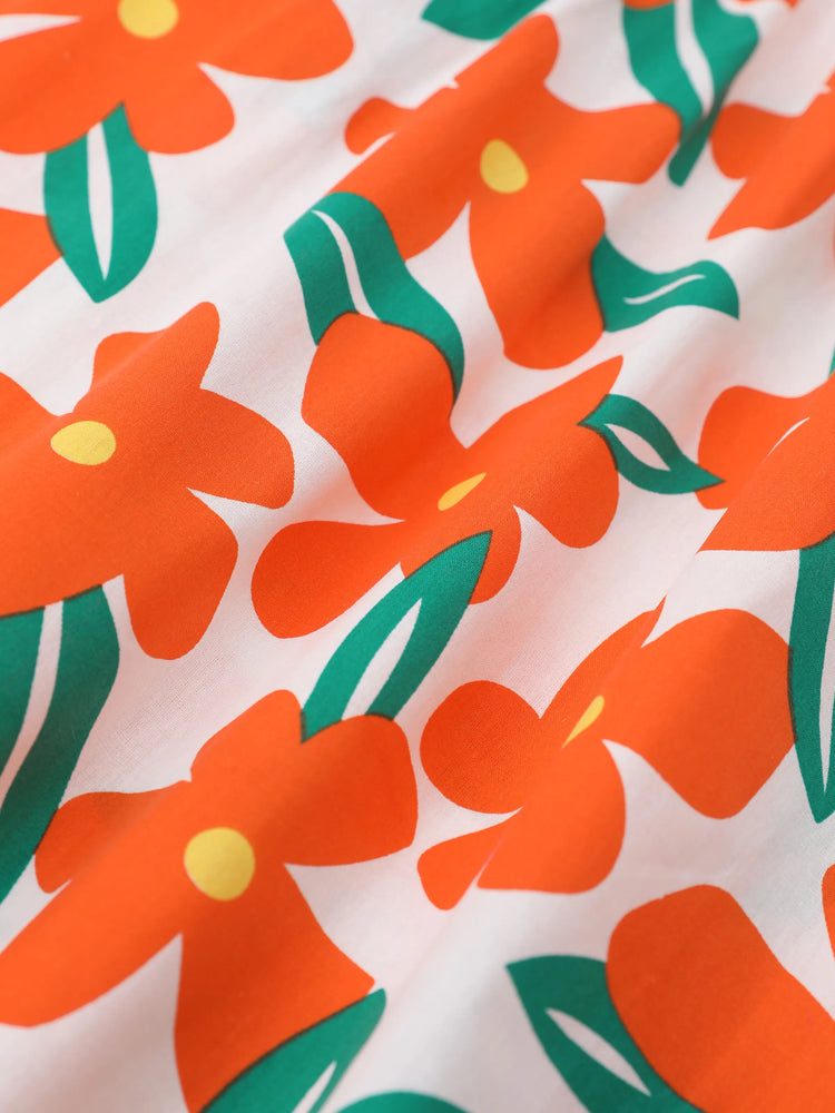 100% Cotton Baby Girl All Over Floral Print Flutter-sleeve Loose-fit Dress Orange