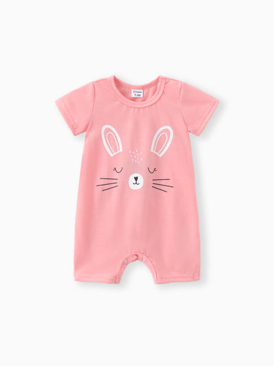 Barboteuse à manches courtes pour bébé fille, imprimé lapin, rose