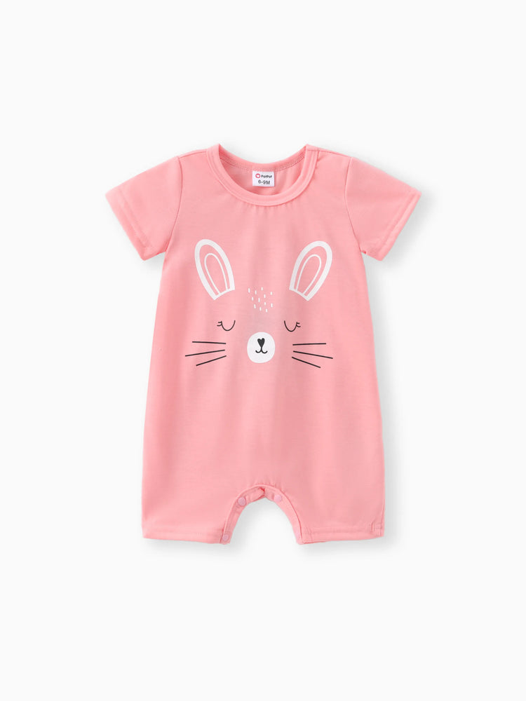 Barboteuse à manches courtes pour bébé fille, imprimé lapin, rose