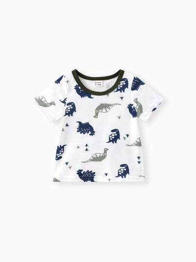 Conjunto de 2 piezas de camiseta de manga corta y pantalones cortos lisos con estampado de dinosaurio para bebé niño, verde militar