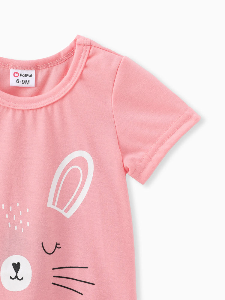 Barboteuse à manches courtes pour bébé fille, imprimé lapin, rose