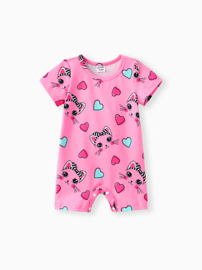 Barboteuse à manches courtes pour bébé fille, imprimé lapin, rose foncé