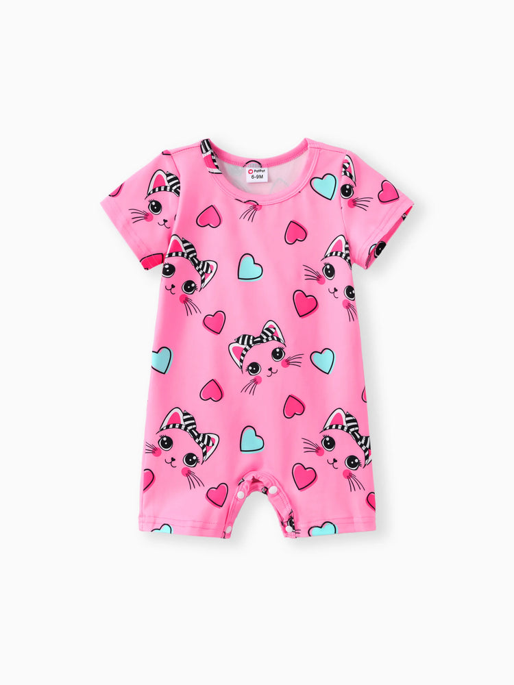 Barboteuse à manches courtes pour bébé fille, imprimé lapin, rose foncé