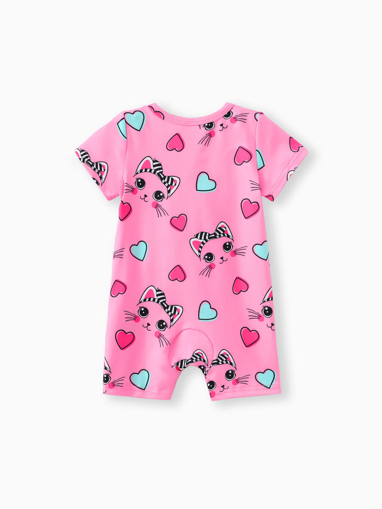 Barboteuse à manches courtes pour bébé fille, imprimé lapin, rose foncé