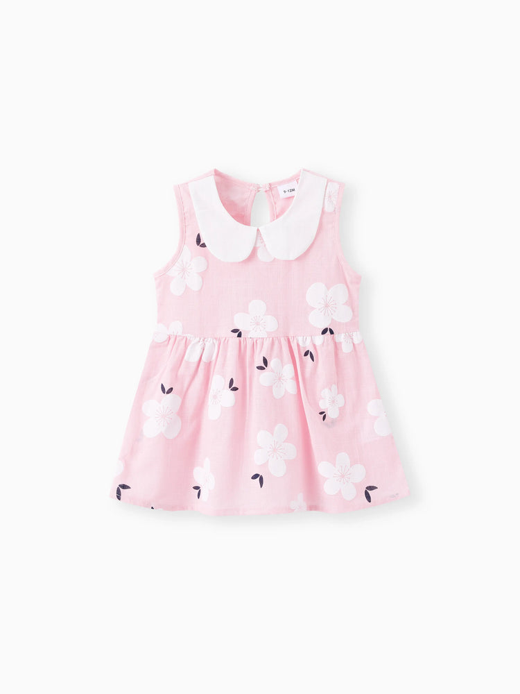 Baby Girl Clothing 100% Cotton Peter Pan Collar Floral Print Tank Dress Light Pink