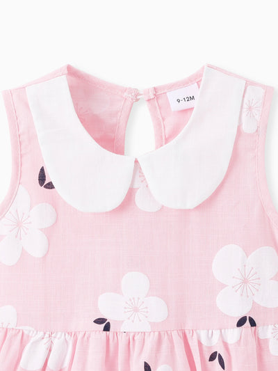 Baby Girl Clothing 100% Cotton Peter Pan Collar Floral Print Tank Dress Light Pink