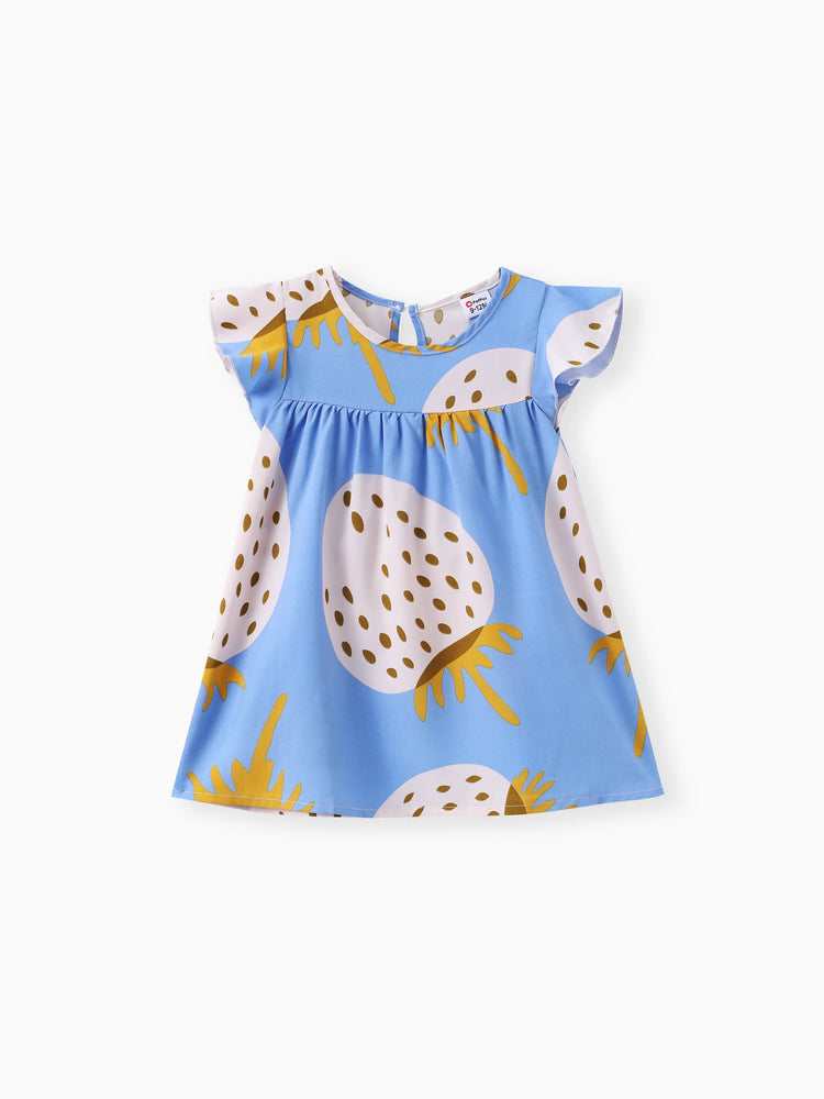 Baby Girl Strawberry Print Flutter-sleeve Dress Blue