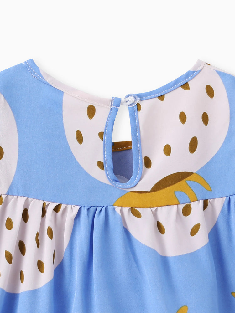Baby Girl Strawberry Print Flutter-sleeve Dress Blue