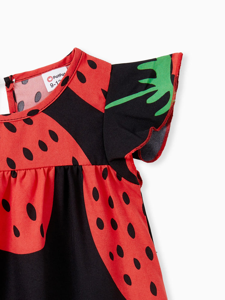Baby Girl Strawberry Print Flutter-sleeve Dress Red