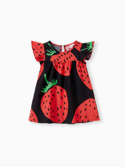 Baby Girl Strawberry Print Flutter-sleeve Dress Red
