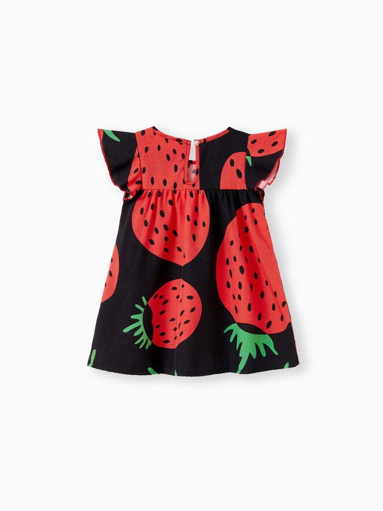 Baby Girl Strawberry Print Flutter-sleeve Dress Red