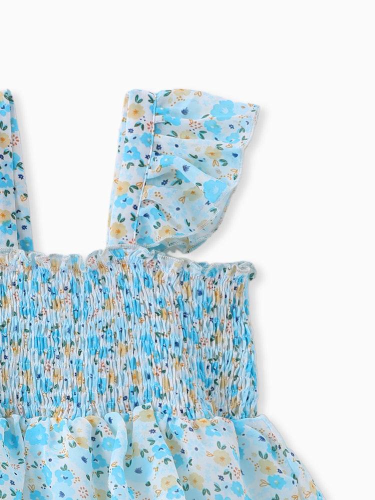 Toddler Girl Sweet Floral Print Smocked Ruffled Sleeveless Dress Blue