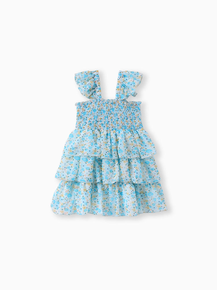 Toddler Girl Sweet Floral Print Smocked Ruffled Sleeveless Dress Blue