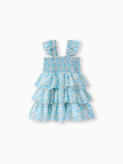 Toddler Girl Sweet Floral Print Smocked Ruffled Sleeveless Dress Blue