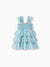 Toddler Girl Sweet Floral Print Smocked Ruffled Sleeveless Dress Blue