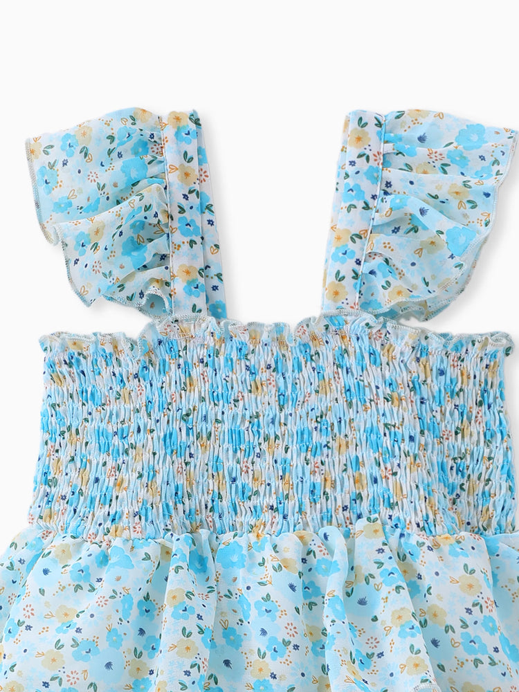 Toddler Girl Sweet Floral Print Smocked Ruffled Sleeveless Dress Blue
