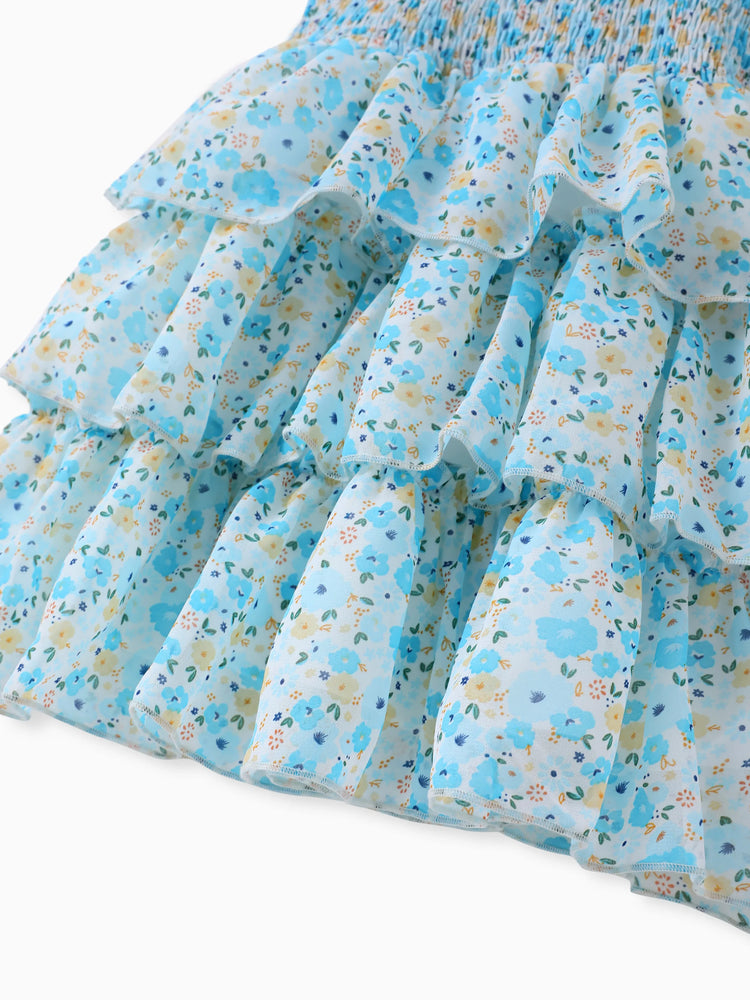 Toddler Girl Sweet Floral Print Smocked Ruffled Sleeveless Dress Blue