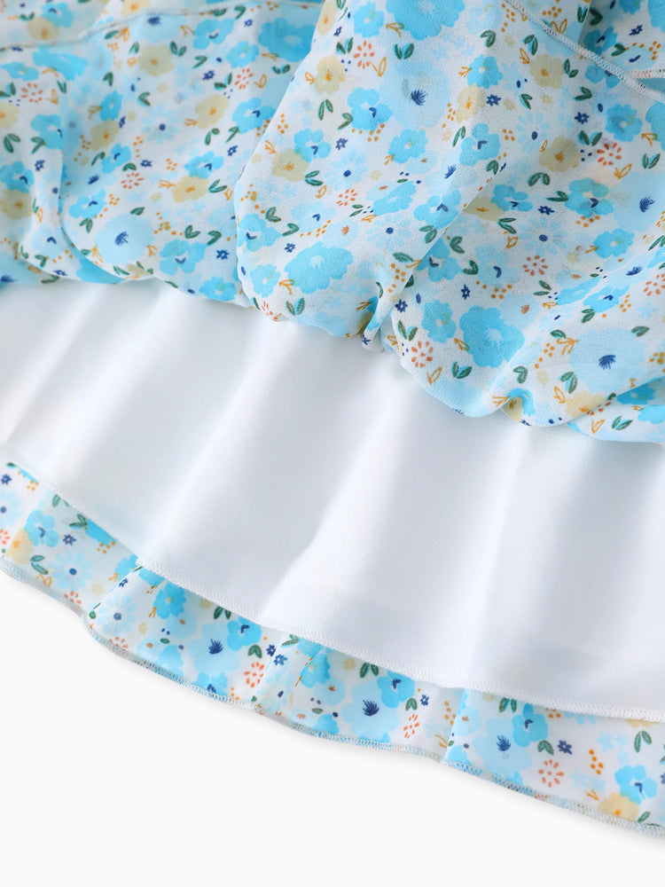 Toddler Girl Sweet Floral Print Smocked Ruffled Sleeveless Dress Blue