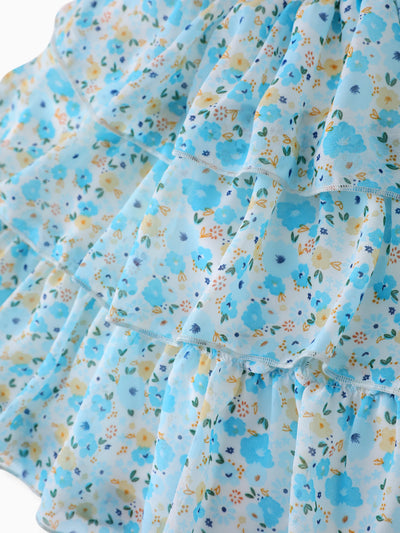 Toddler Girl Sweet Floral Print Smocked Ruffled Sleeveless Dress Blue