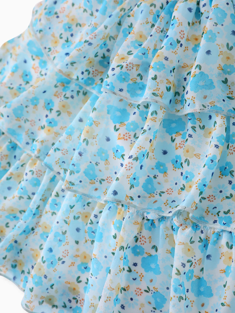 Toddler Girl Sweet Floral Print Smocked Ruffled Sleeveless Dress Blue