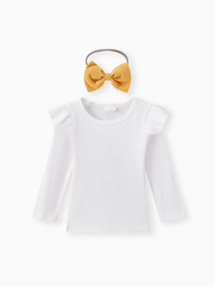 3-teiliges Baby-Mädchen-Set aus 95 % Baumwolle mit gerippten Rüschen und langen Ärmeln, Rock und Stirnband gelb