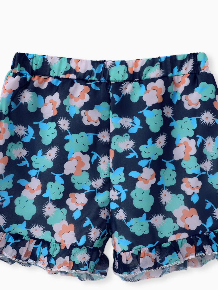 Ensemble 3 pièces pour petite fille avec chapeau décoratif à nœud, débardeur à volants superposés et short à imprimé floral, blanc