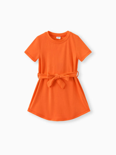Toddler Girl Solid Curved Hem Short-sleeve Belted Dress Orange color