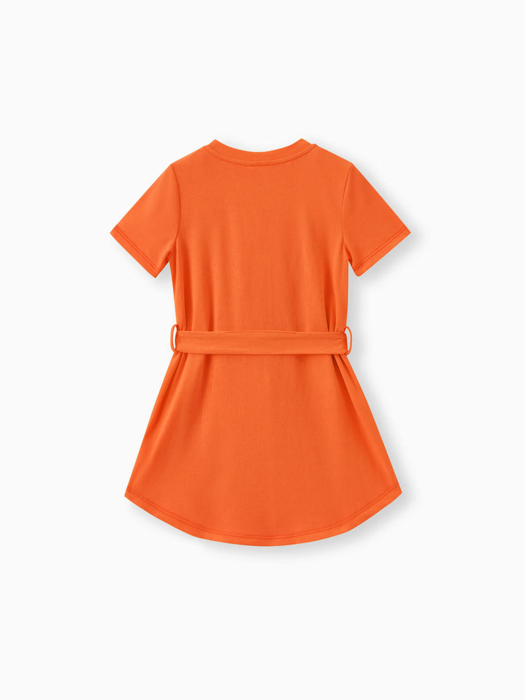 Toddler Girl Solid Curved Hem Short-sleeve Belted Dress Orange color