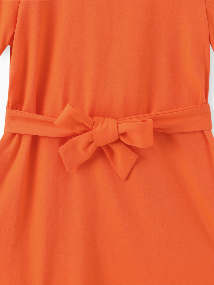 Toddler Girl Solid Curved Hem Short-sleeve Belted Dress Orange color