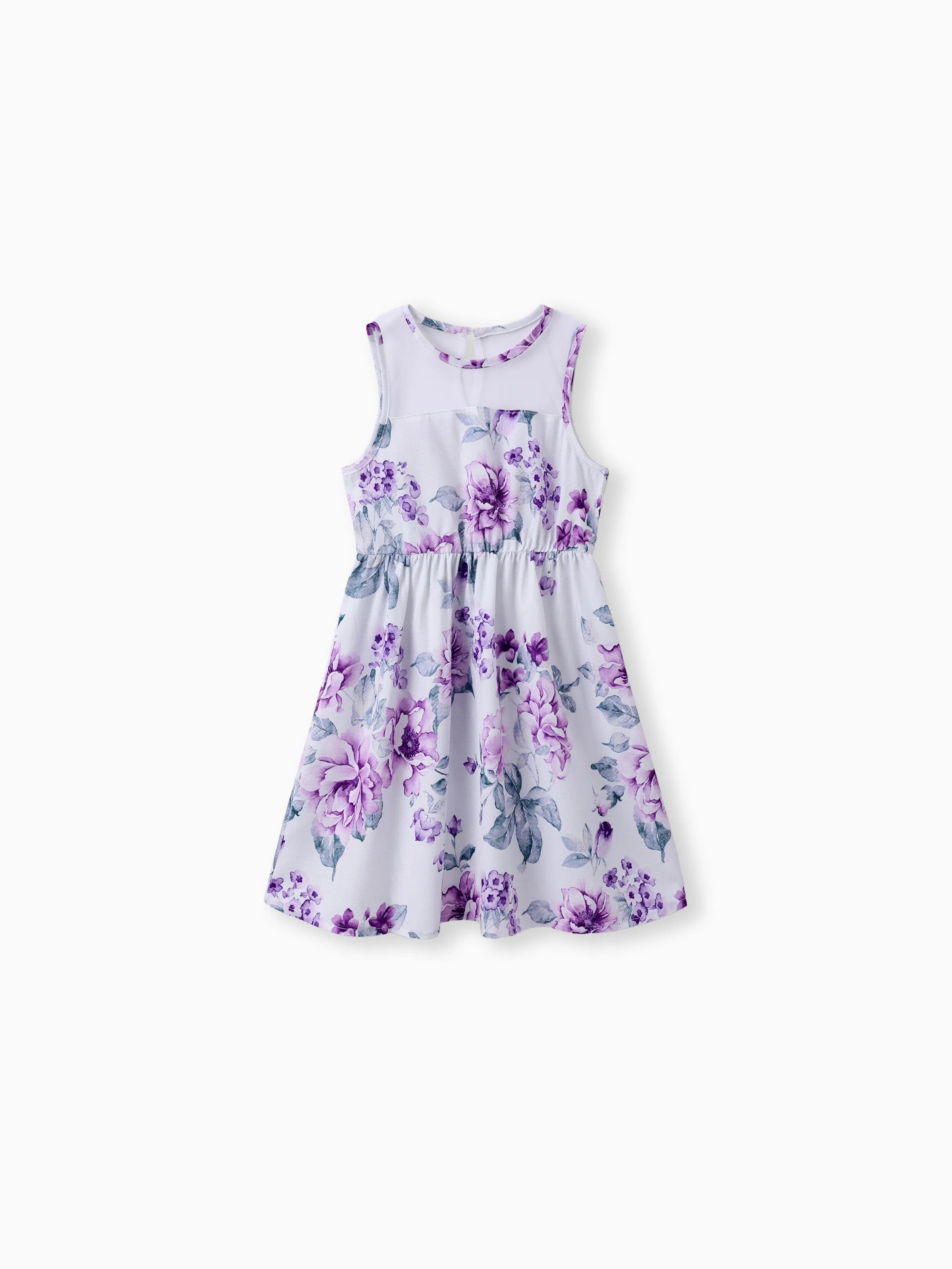 Kid Girl Floral Print Mesh Design Sleeveless Dress Purple Kid Girl Floral Print Mesh Design Sleeveless Dress Purple